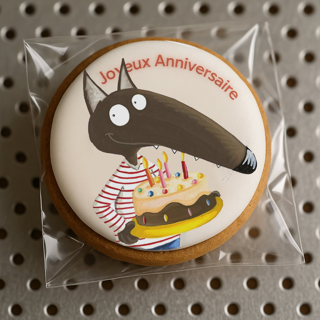 Biscuit artisanal avec glaçage blanc et impression comestible Joyeux Anniversaire – création E-Cake.