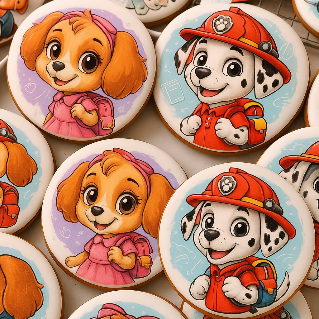 Biscuits personnalisés avec personnages de dessin animé – glaçage blanc et impression comestible de qualité professionnelle, E-Cake France.