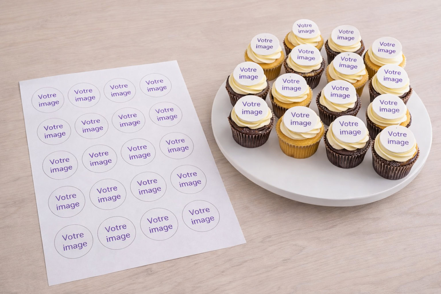 Mini-disques comestibles personnalisés sur cupcakes avec feuille A4 – impression sucre ou azyme