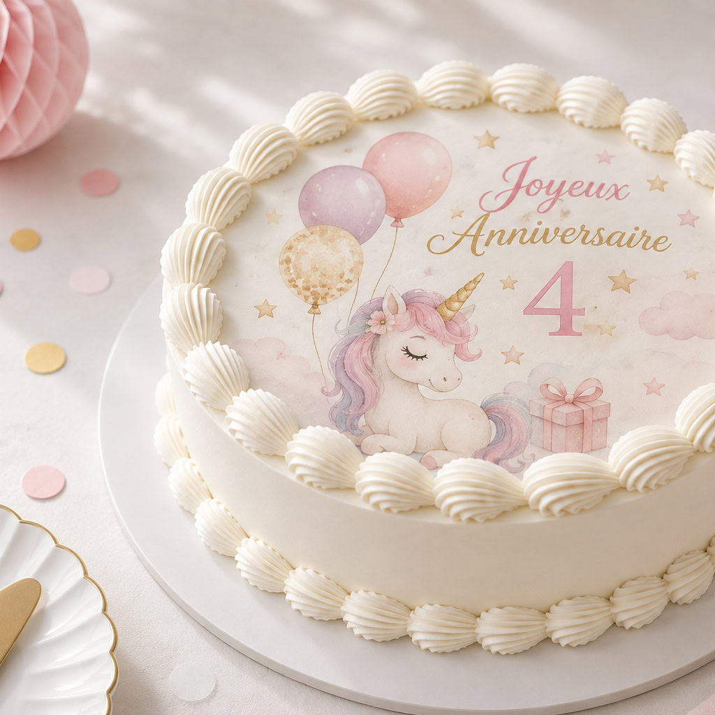 Gâteau d’anniversaire fille avec licorne et impression comestible personnalisée