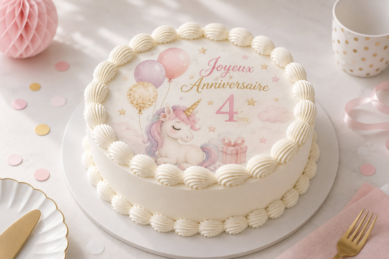 Gâteau d’anniversaire fille avec licorne et impression comestible personnalisée