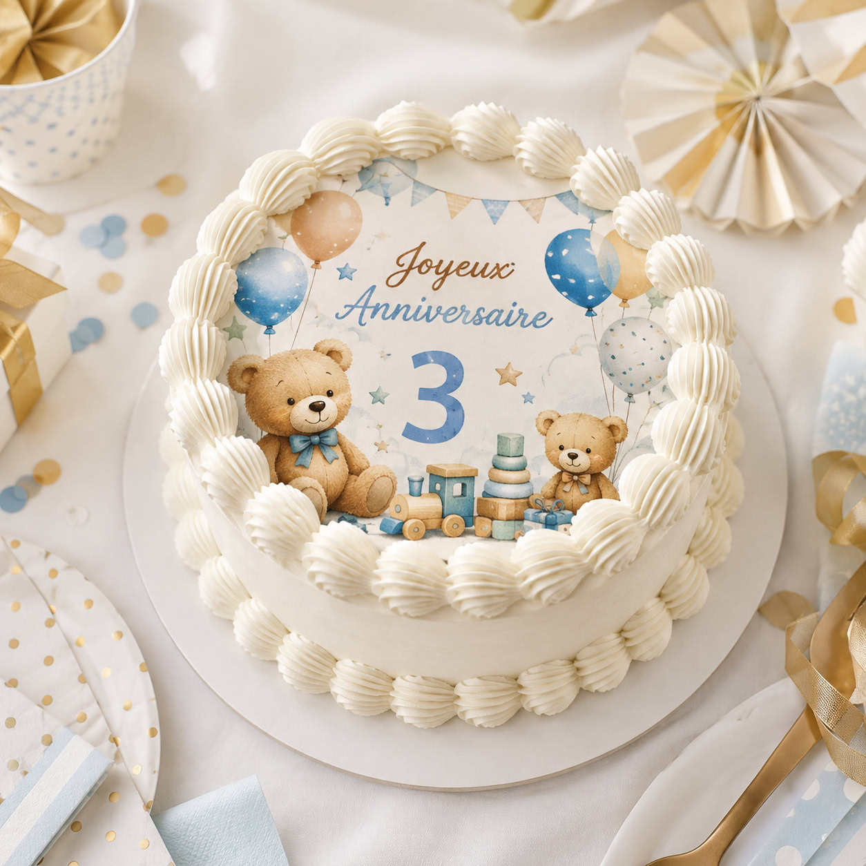 Gâteau d’anniversaire garçon avec oursons et impression comestible personnalisée