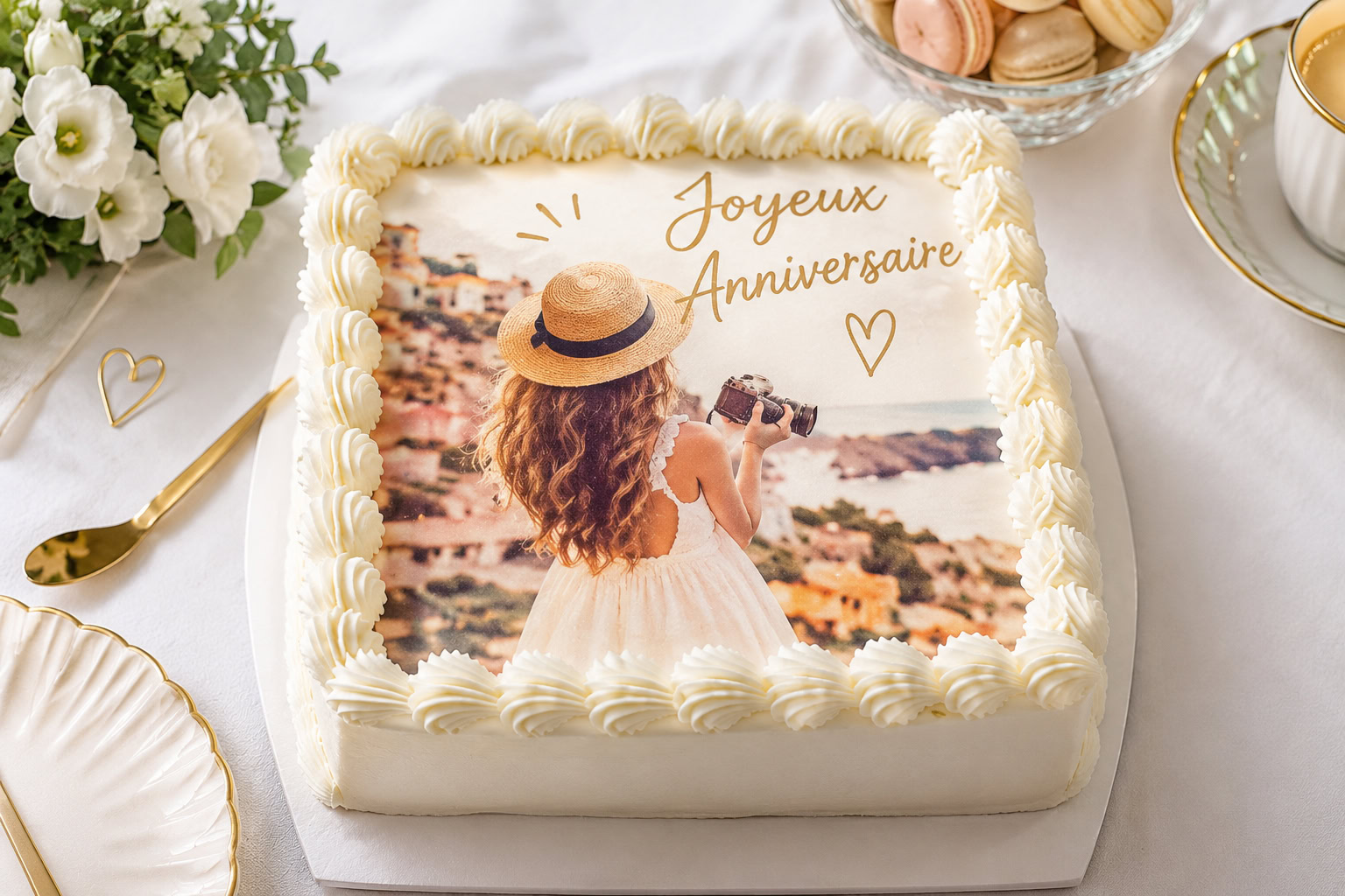 Gâteau d’anniversaire avec photo comestible personnalisée sur feuille de sucre